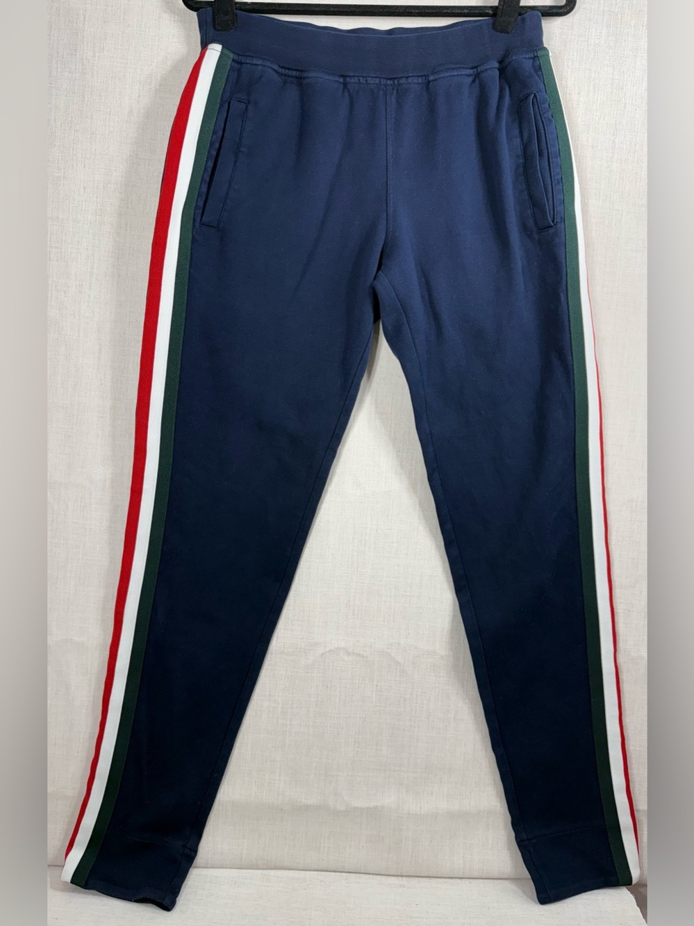 Gucci Navy Sweatpants with Red White and Green Side Stripes